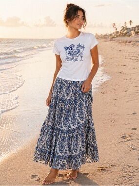 Les Amis Blue Paisley Floral Tiered Maxi Skirt ~ Boho Coastal ~ Size Large~NWOT